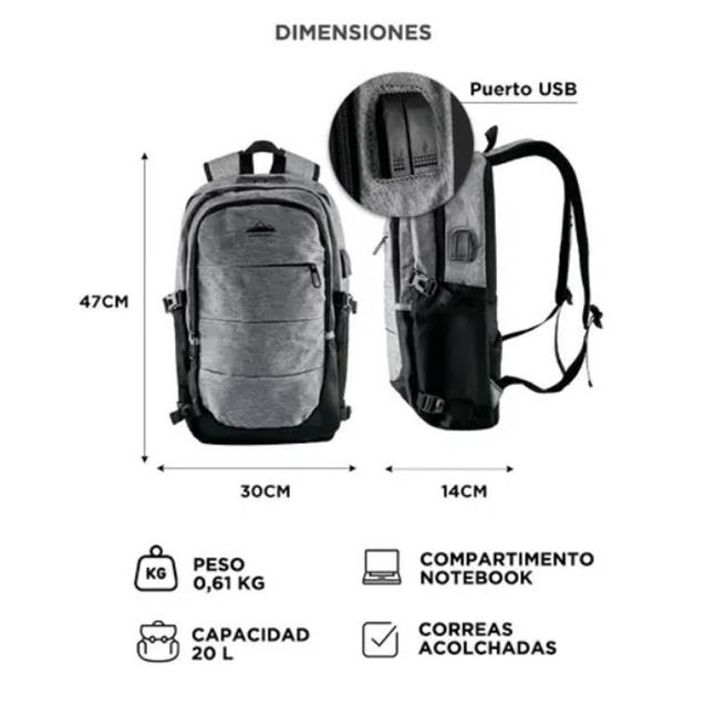 Mochila Gadnic South Port Pro Portanotebook C/ Usb Gris (MOCH0563) - Imagen 5