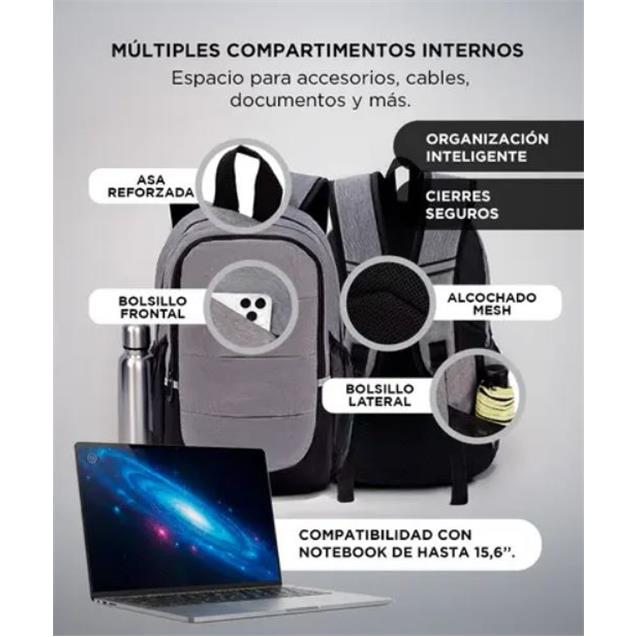 Mochila Gadnic South Port Pro Portanotebook C/ Usb Gris (MOCH0563) - Imagen 3