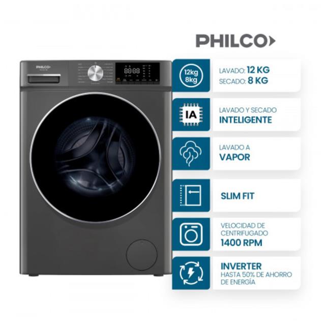 Lavasecarropas Philco Carga Frontal One Touch Direct Drive Inverter 12/8 kg 1400 rpm Titanium (94PHLS128-2TN) - Imagen 2