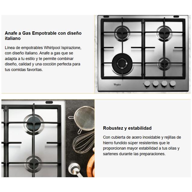Anafe a Gas Whirlpool 4 hornallas 60 Cm Inox (wgma6422ix) - Imagen 6